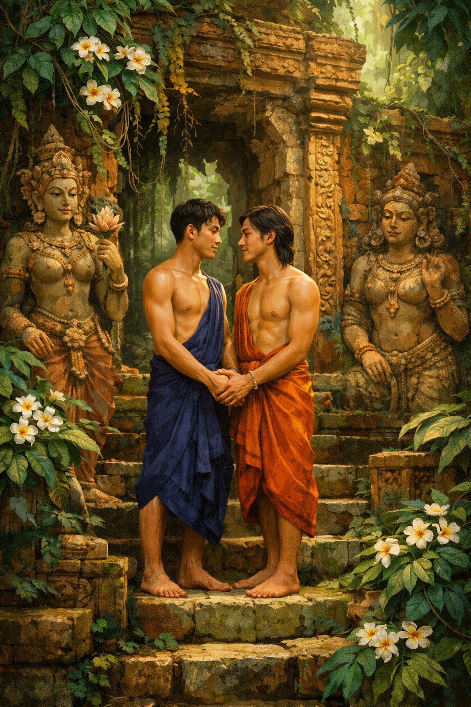 Pre-colonial Southeast Asian temple ruins with two men holding hands among tropical vines