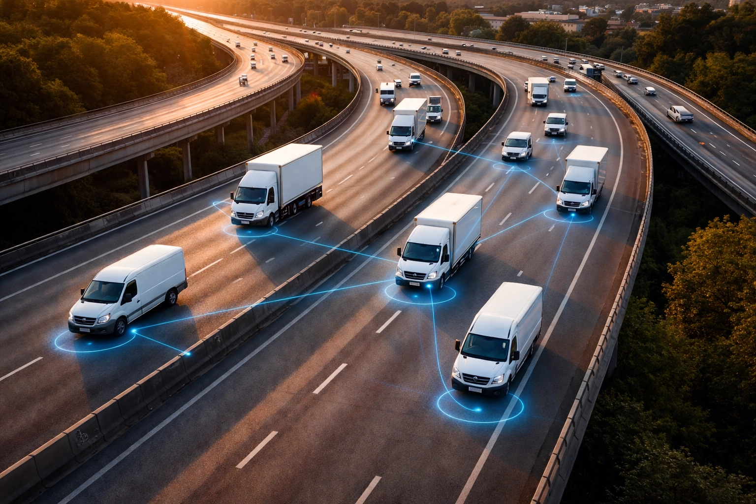 Fleet of commercial vans on highway with GPS tracking lines emphasizing real-time monitoring