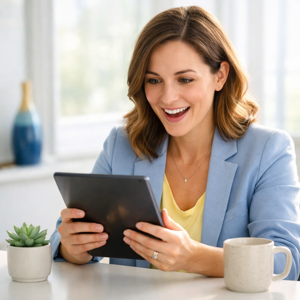 Nonprofit professional discovering hidden major gift prospects using a tablet in a bright office.