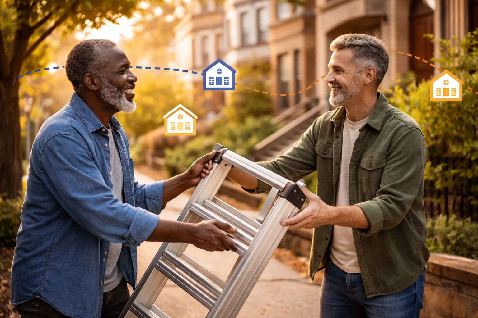 Neighbors exchanging a ladder on a Boston sidewalk, showcasing community sharing and peer-to-peer ladder rentals