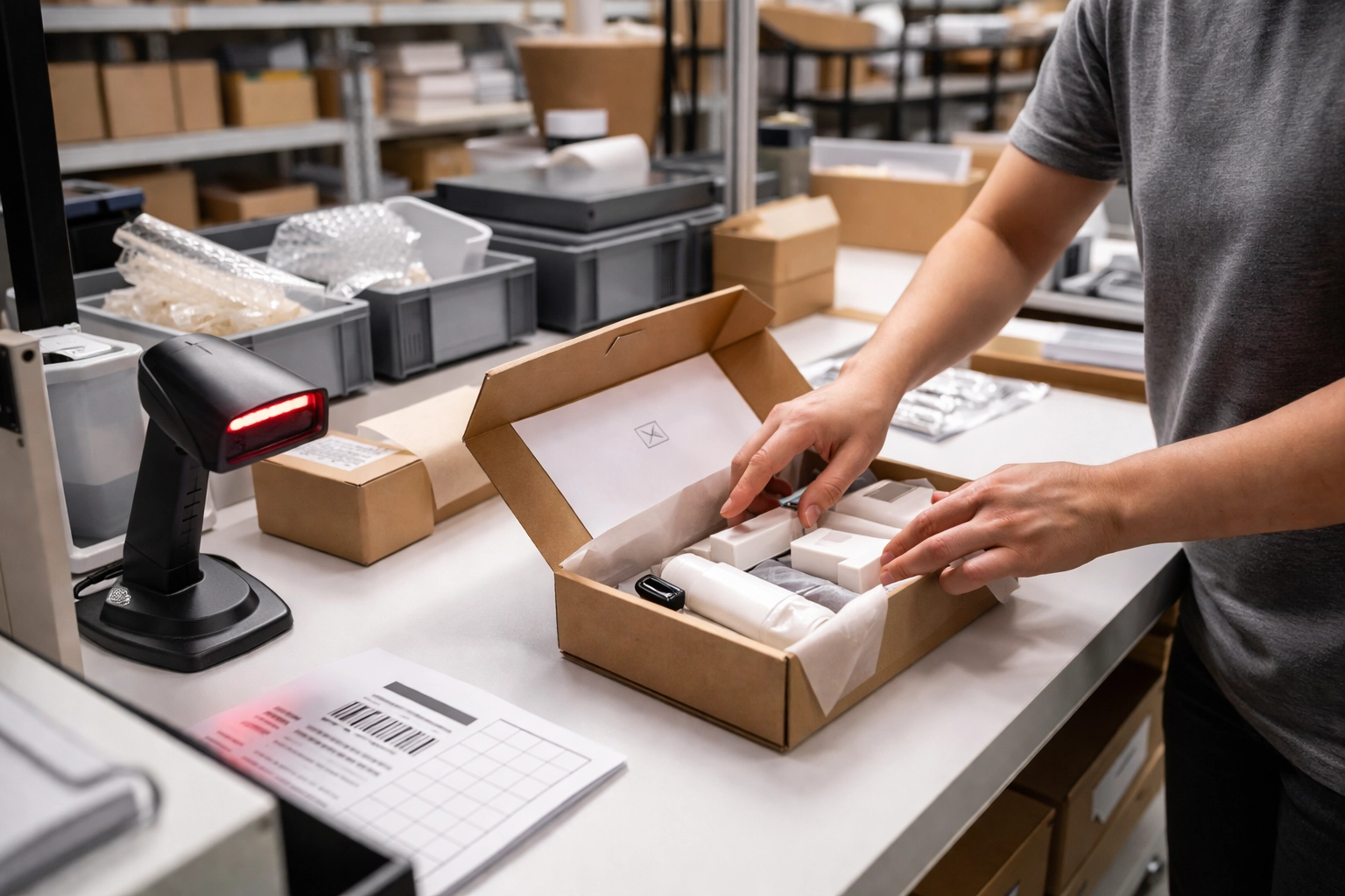 Fulfilment worker at a pick and pack station preparing orders for global dispatch in a Hertford logistics centre.