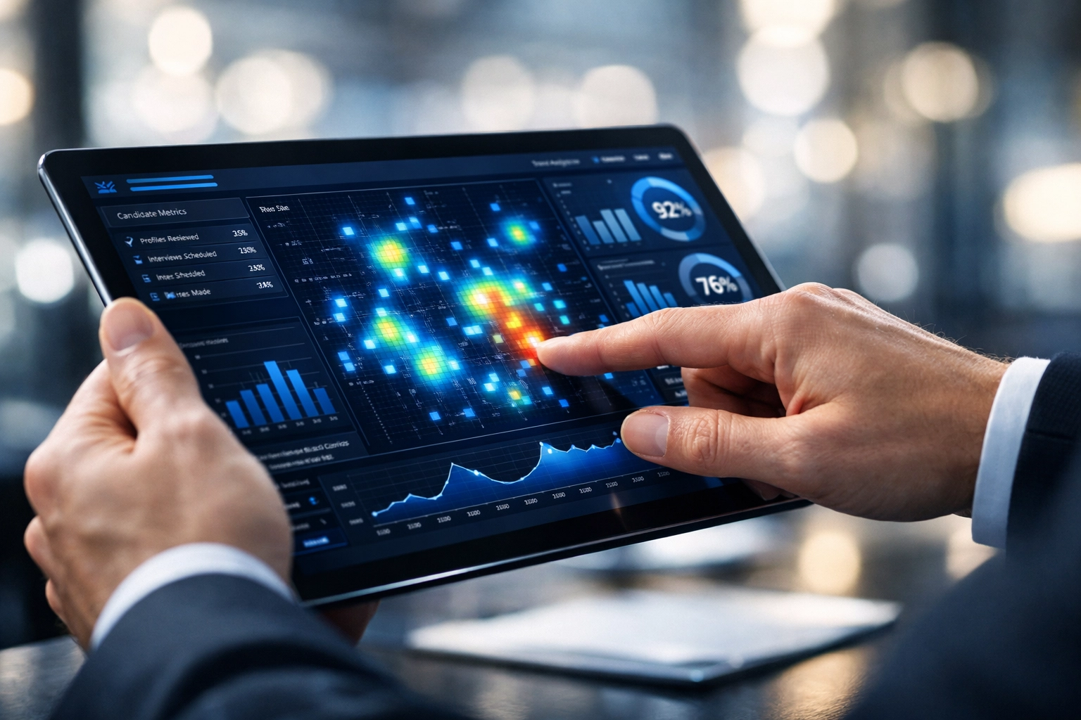 Recruiter using a data analytics dashboard on a tablet to identify top-tier job-ready talent.
