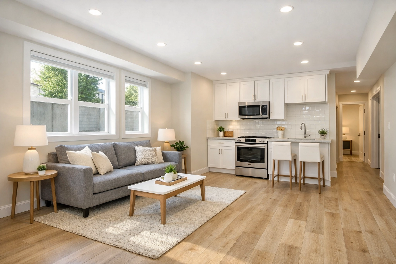 Modern legal basement suite in Saskatoon featuring bright luxury vinyl flooring and a clean kitchenette layout.