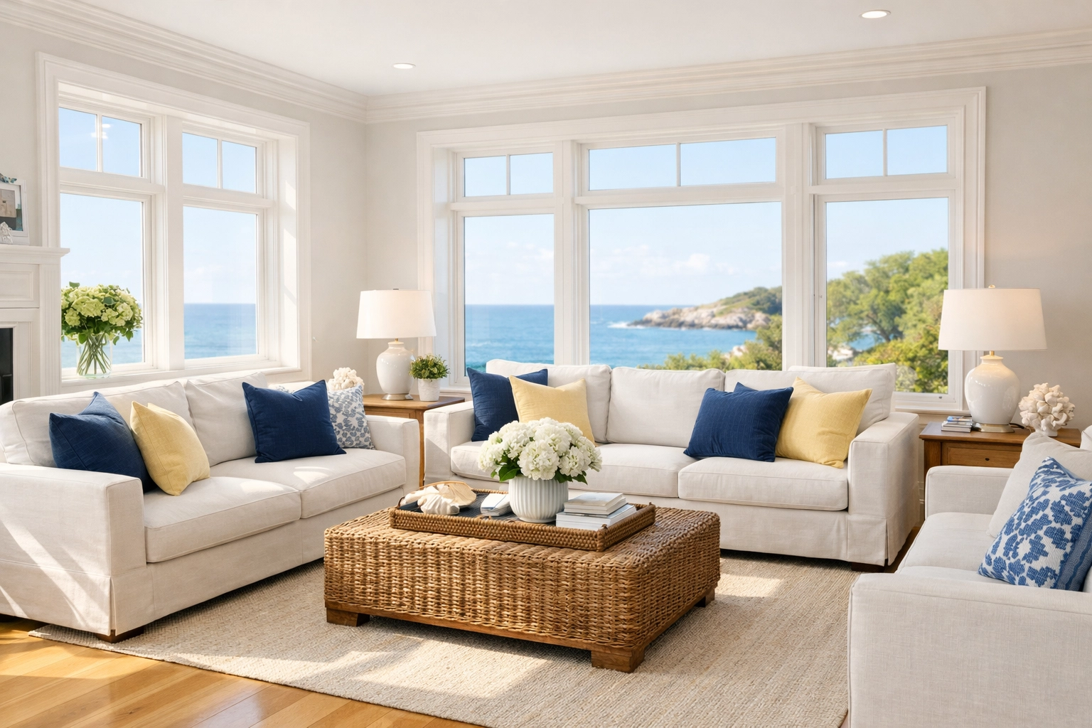 Sun-drenched Marblehead living room with fresh air quality after eco-friendly deep cleaning.
