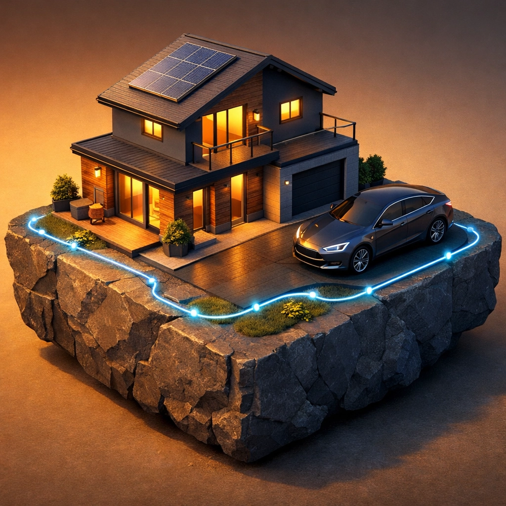 Miniature house and car on a solid base representing stable fixed monthly expenses and recurring costs.