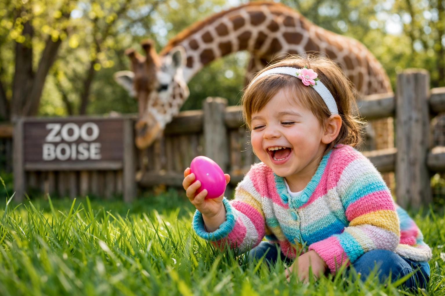 Easter egg hunt event in Boise Idaho park spring 2026 at Zoo Boise with a child finding a pink egg.