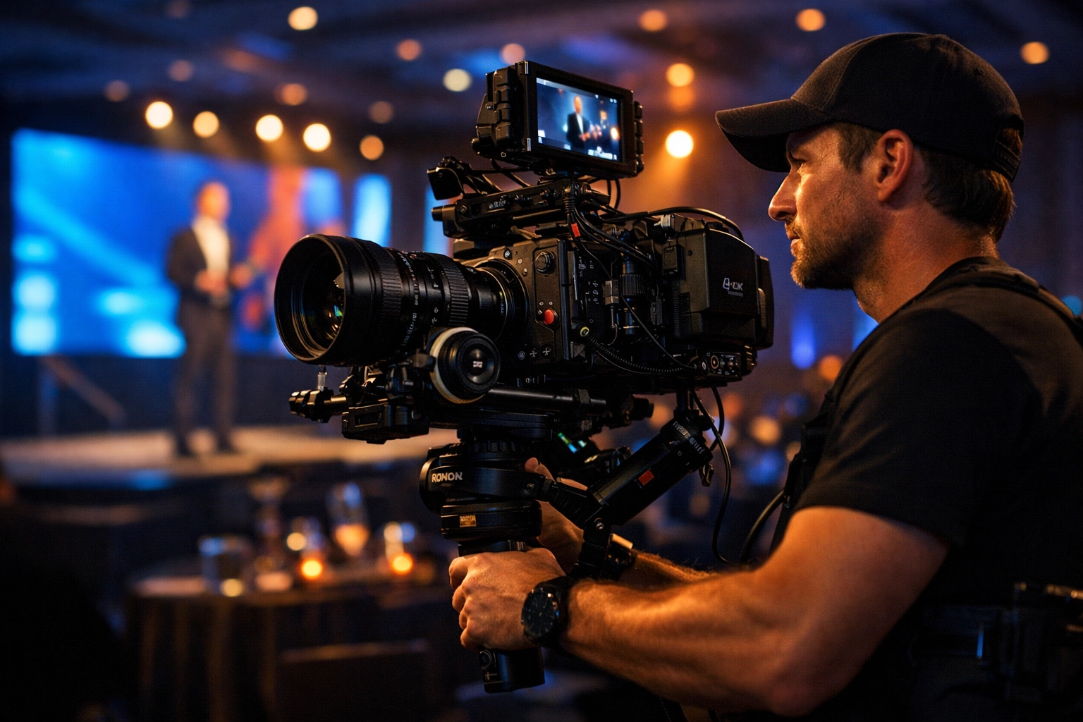 Corporate event videographer using high-end gear for professional event video production in Miami.