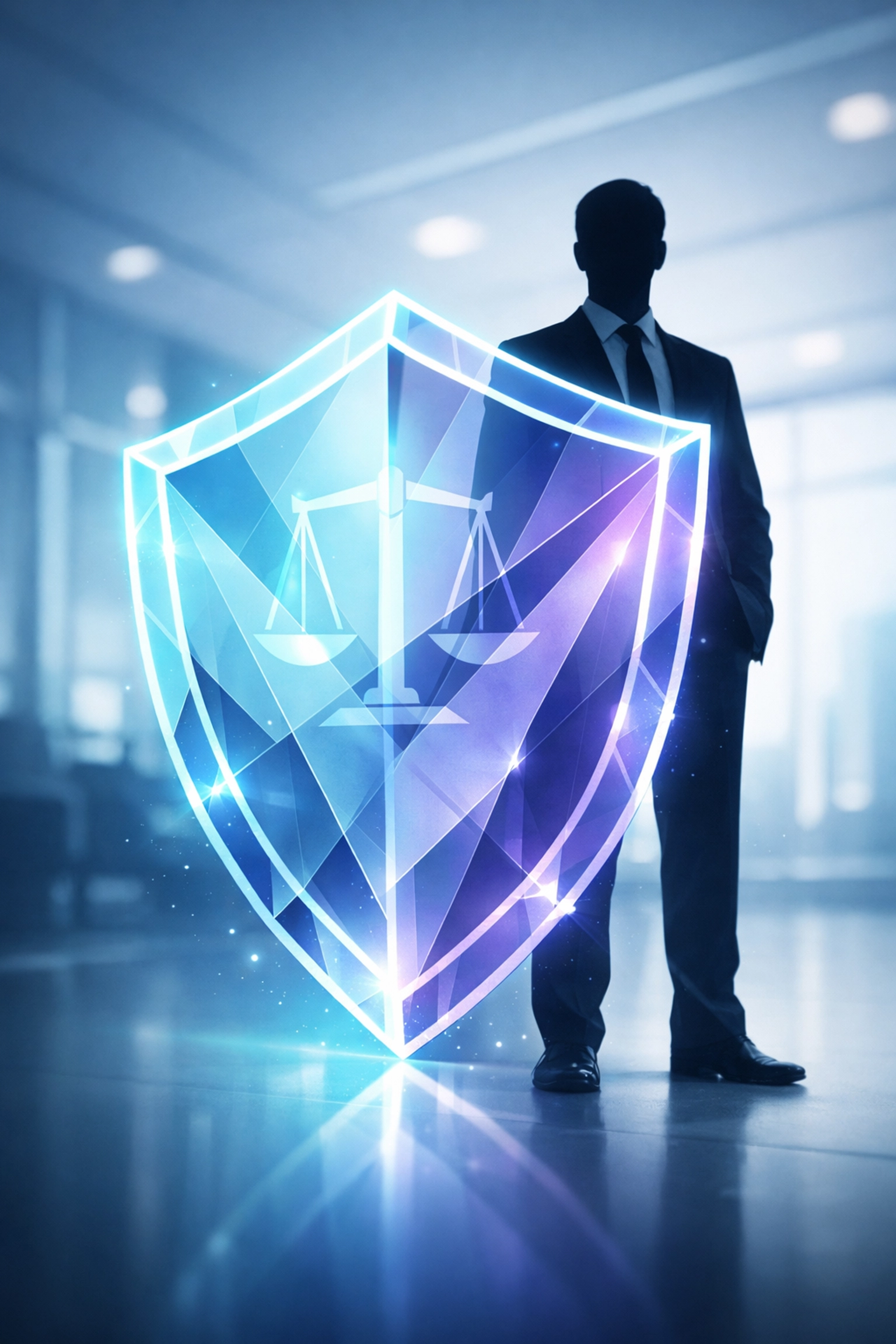 Silhouette behind a glowing shield representing legal protection and disability rights in the workplace.