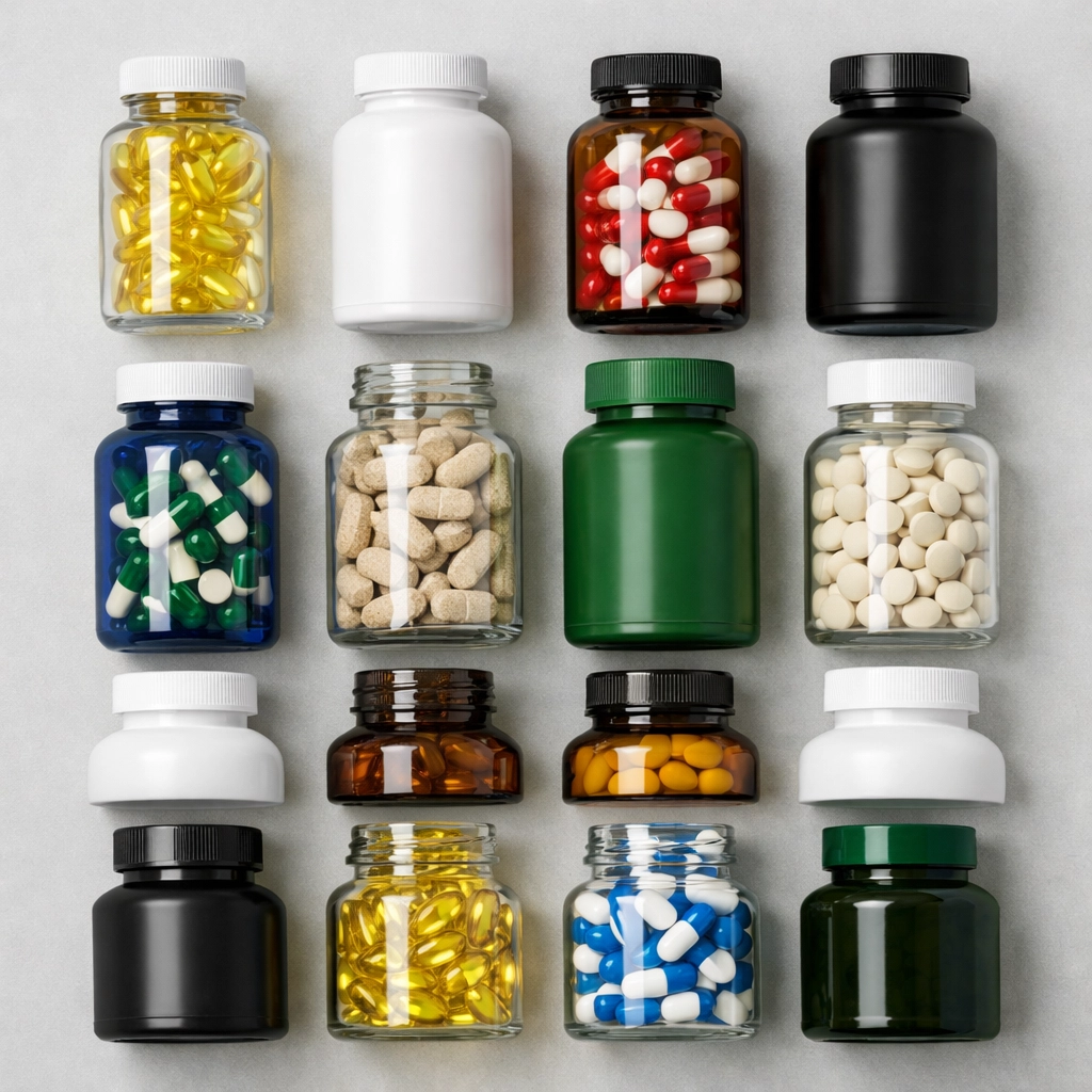 Multiple dietary supplement bottles displaying quality variation and transparency