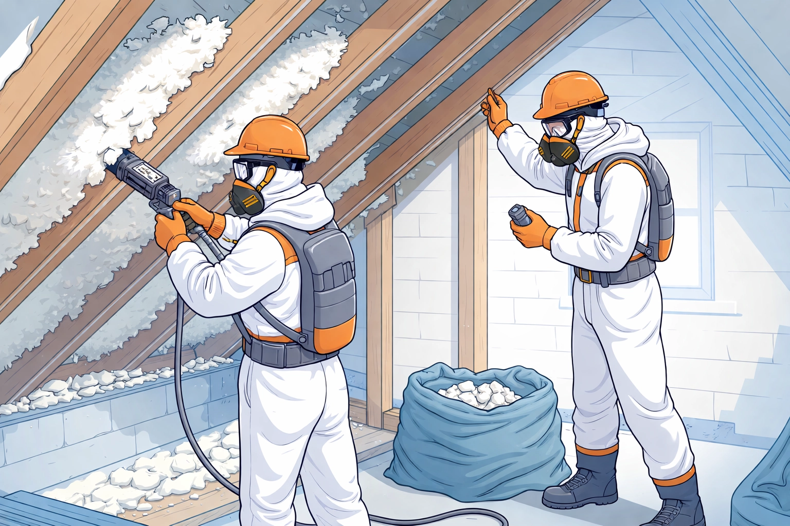 Technicians removing spray foam insulation from loft rafters to prevent moisture and timber rot