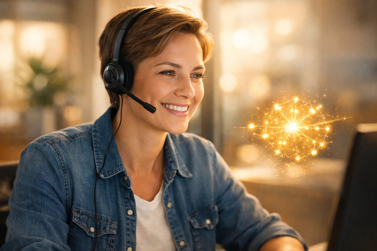 A customer support agent working alongside an AI assistant to deliver high-quality hybrid customer service.