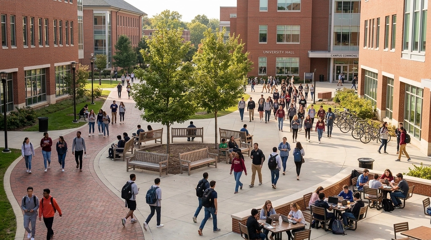 A sunny university campus courtyard
