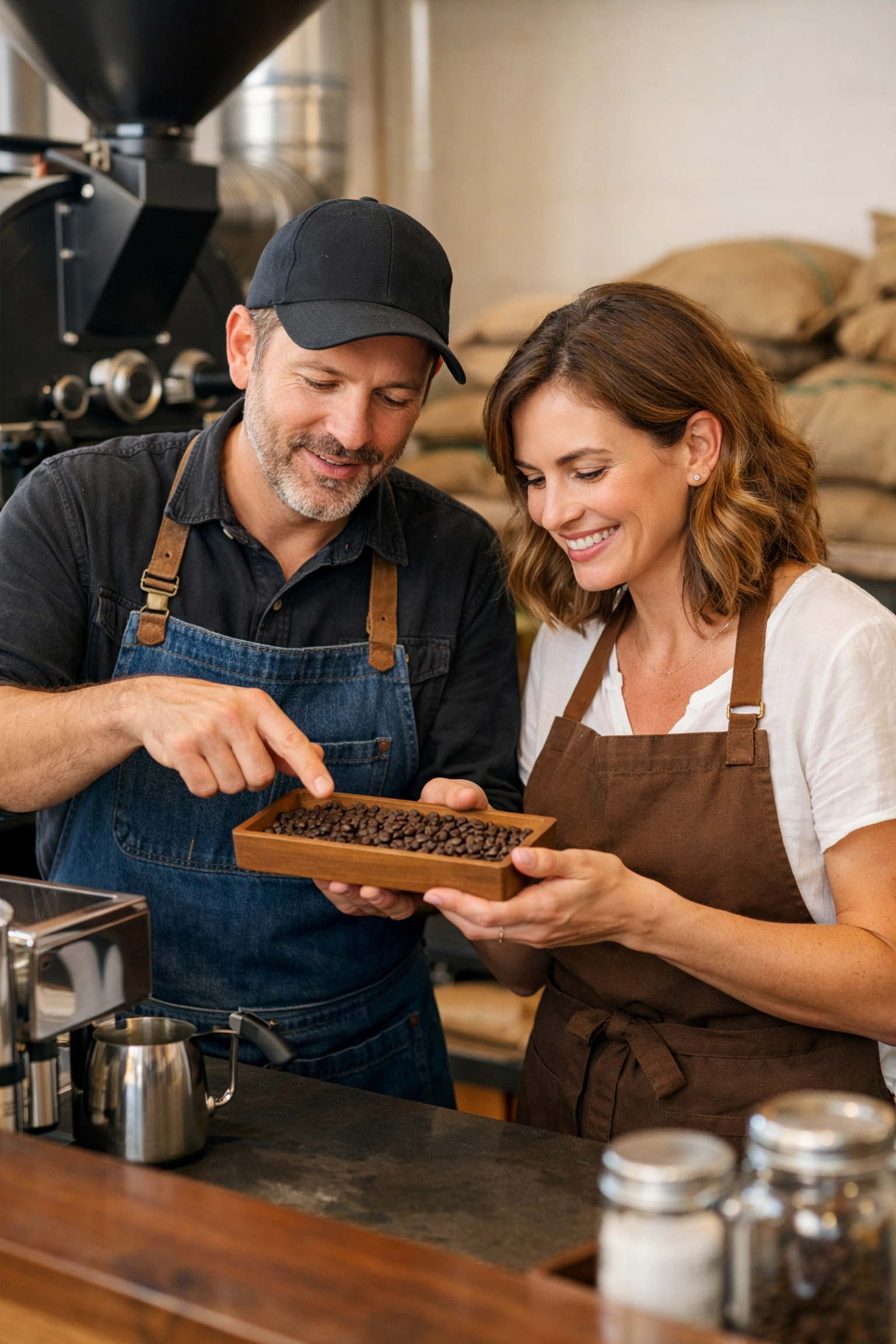 Coffee roaster and cafe owner collaborating on choosing the best wholesale coffee beans for their shop.