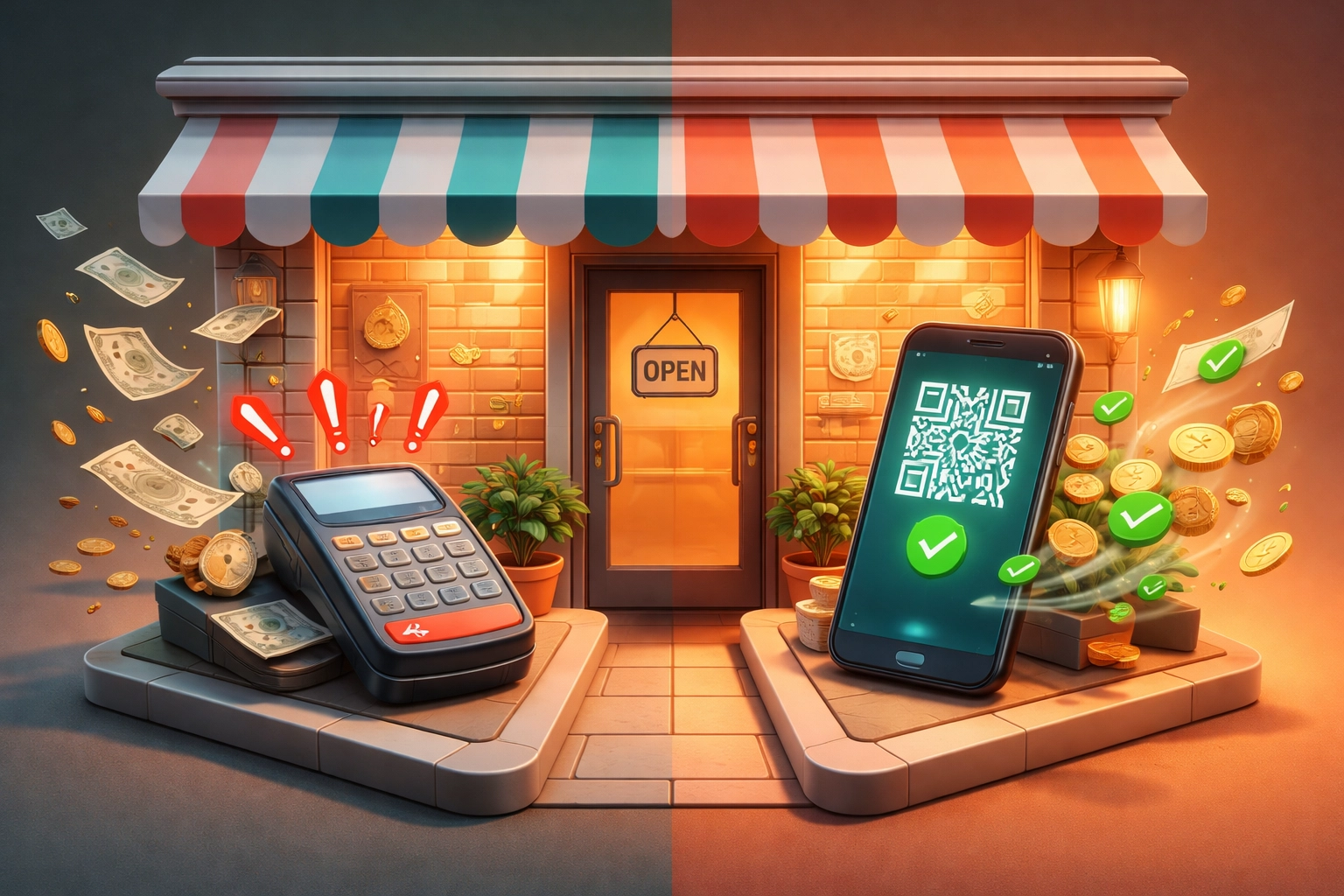 Small business comparing traditional credit card terminal fees versus modern crypto QR code payment savings