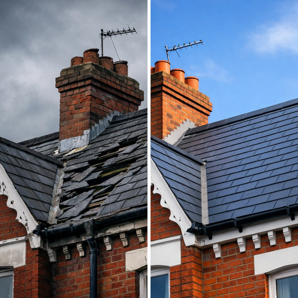 Before and after comparison of Belfast Victorian terrace roof showing deteriorated and restored condition