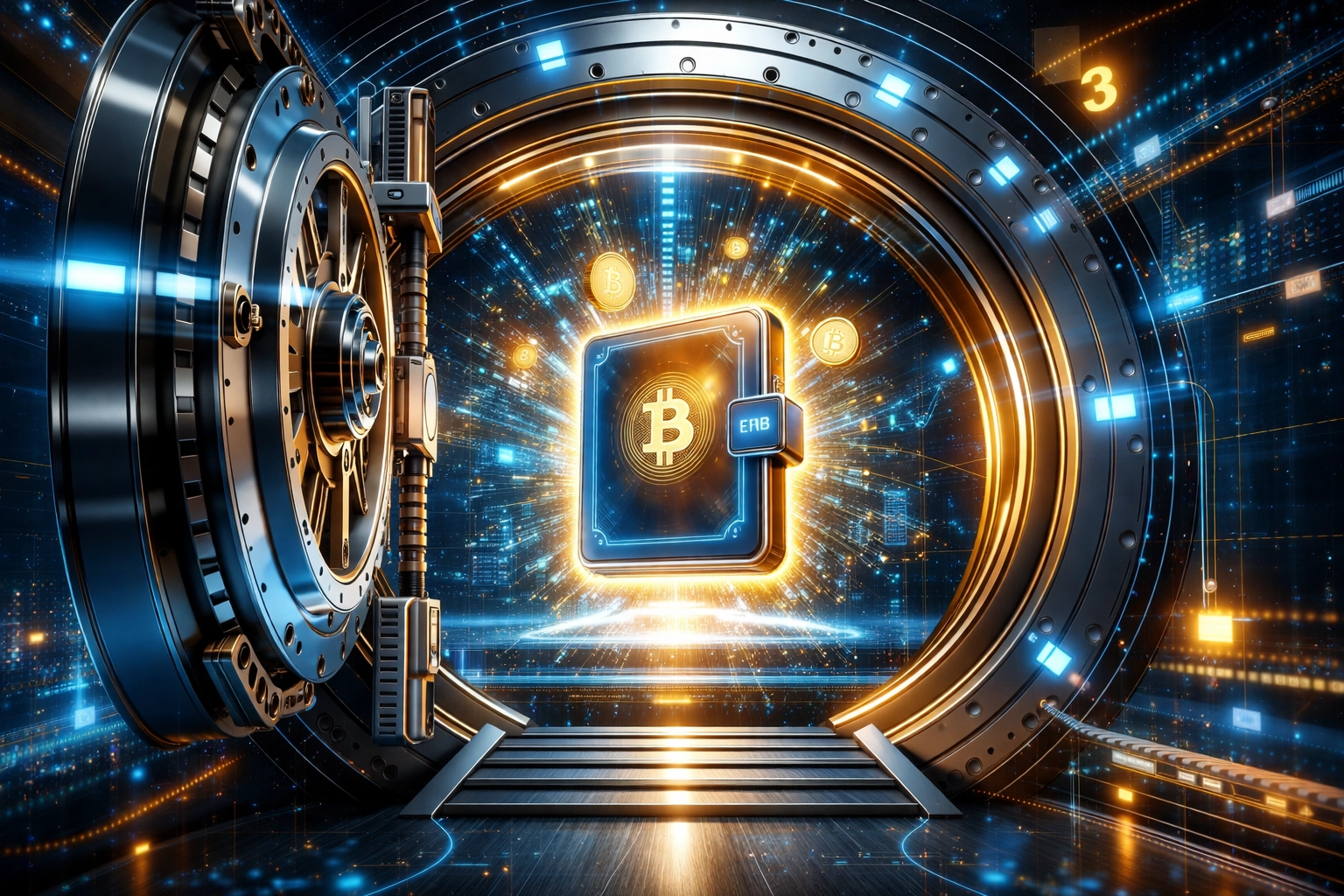 Futuristic vault opening to reveal a secure cryptocurrency wallet, symbolizing self-custody and financial sovereignty in Web3 payments.