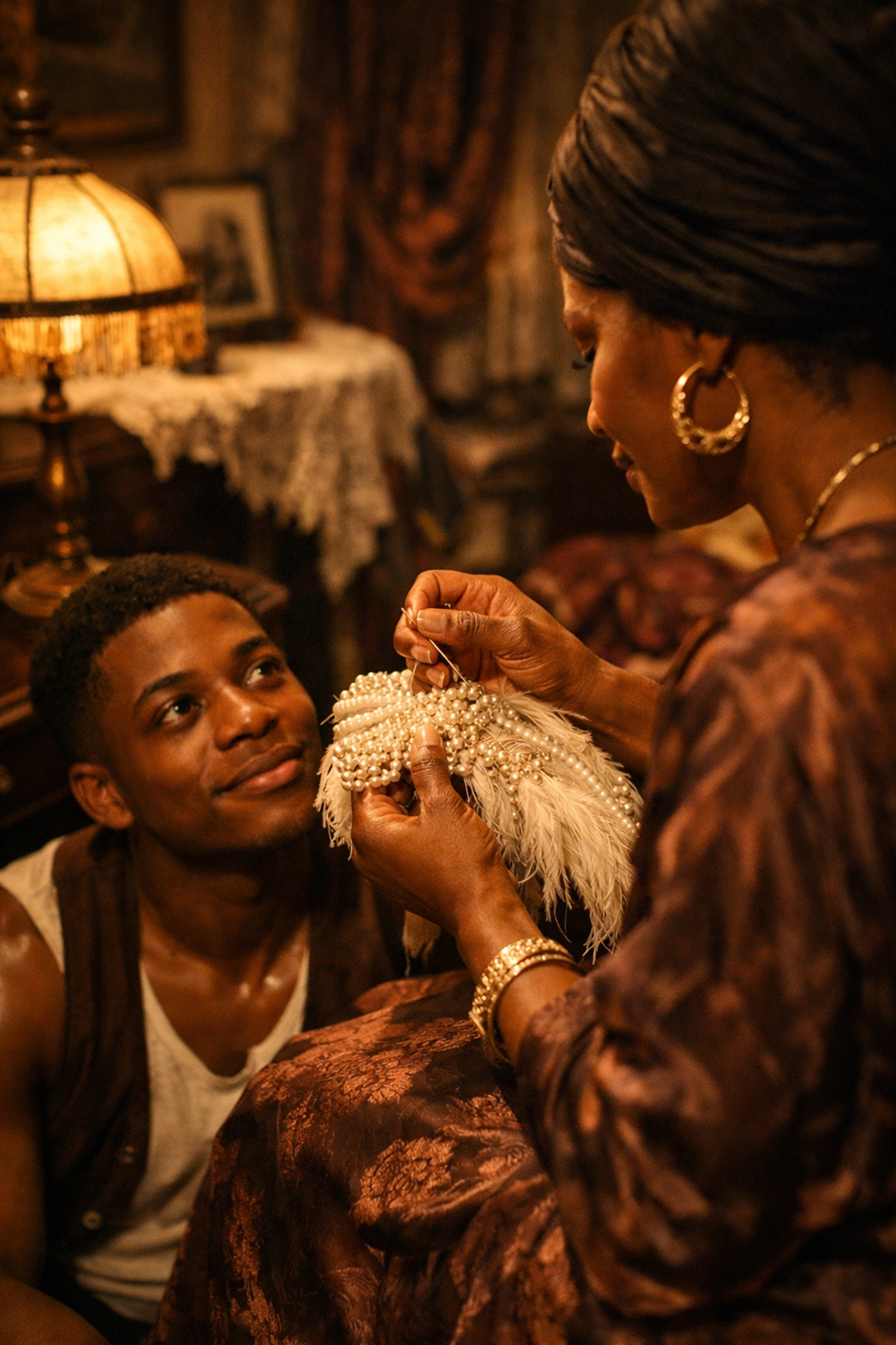 Harlem mother sewing a drag headpiece for her son, showcasing maternal support in 1920s gay historical fiction.