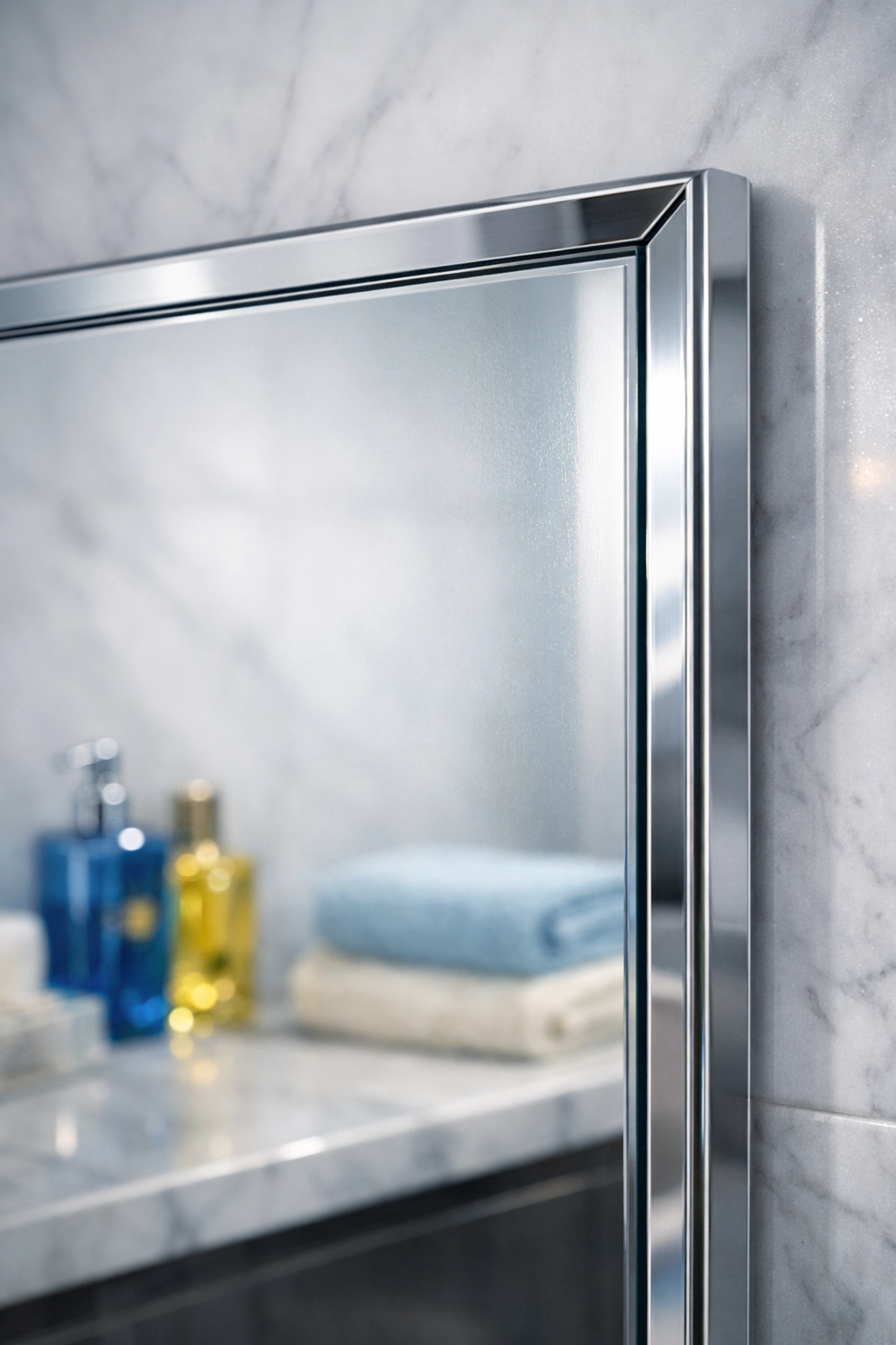 Close-up of a high-end vanity mirror corner showcasing a clean, streak-free edge.