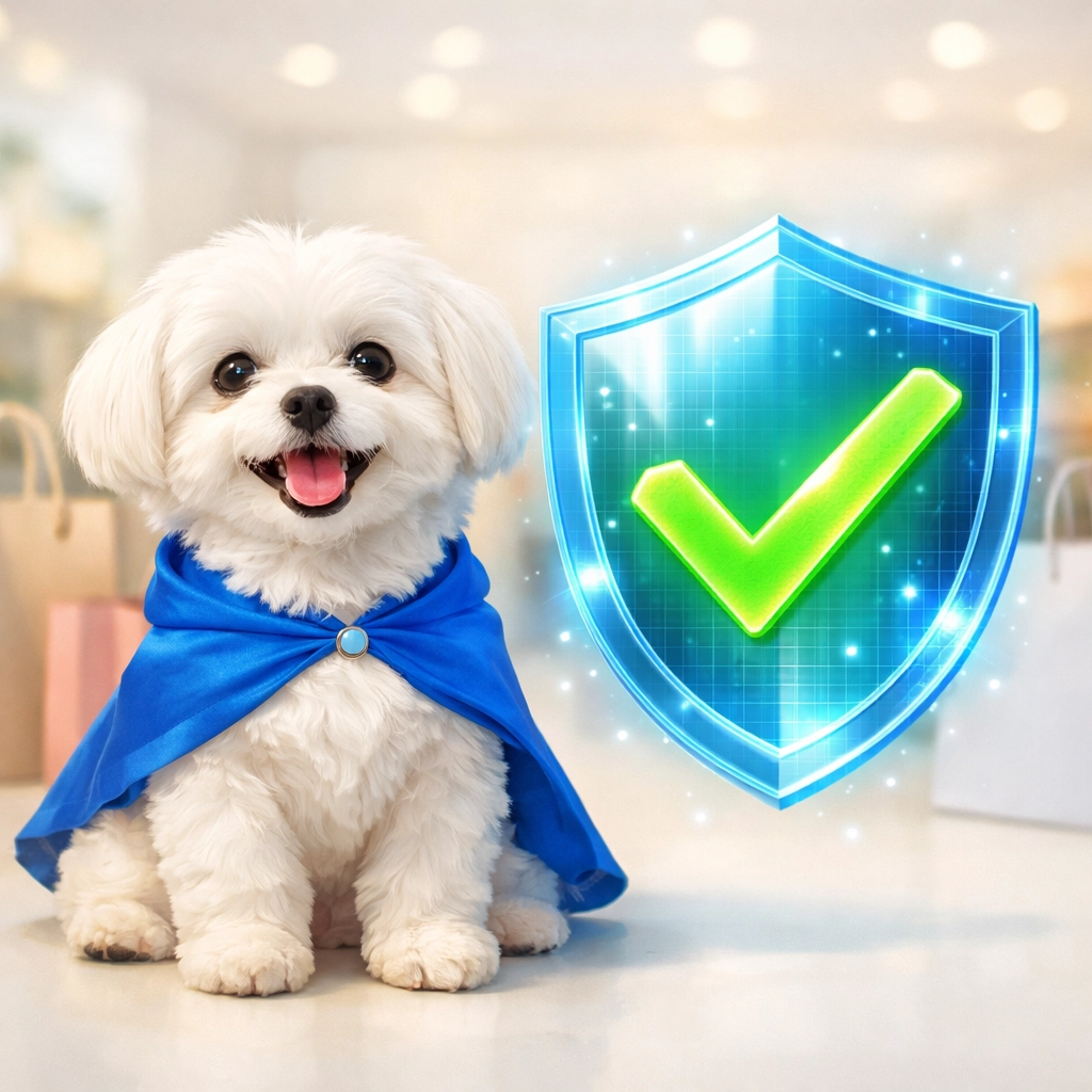 Daisy the Maltese dog with a verification shield, ensuring 99% accuracy for professional luxury authentication.