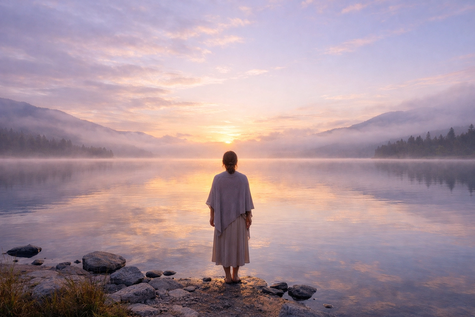 Empowered woman standing by a lake at sunrise, discovering how to build self belief and inner confidence.