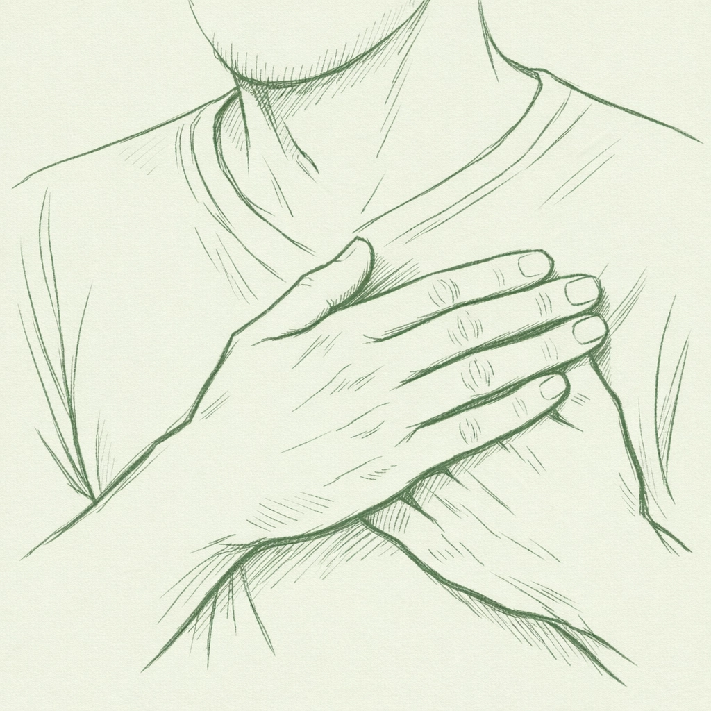 Hands on heart gesture showing self-compassion and body acceptance in gay naturism journey