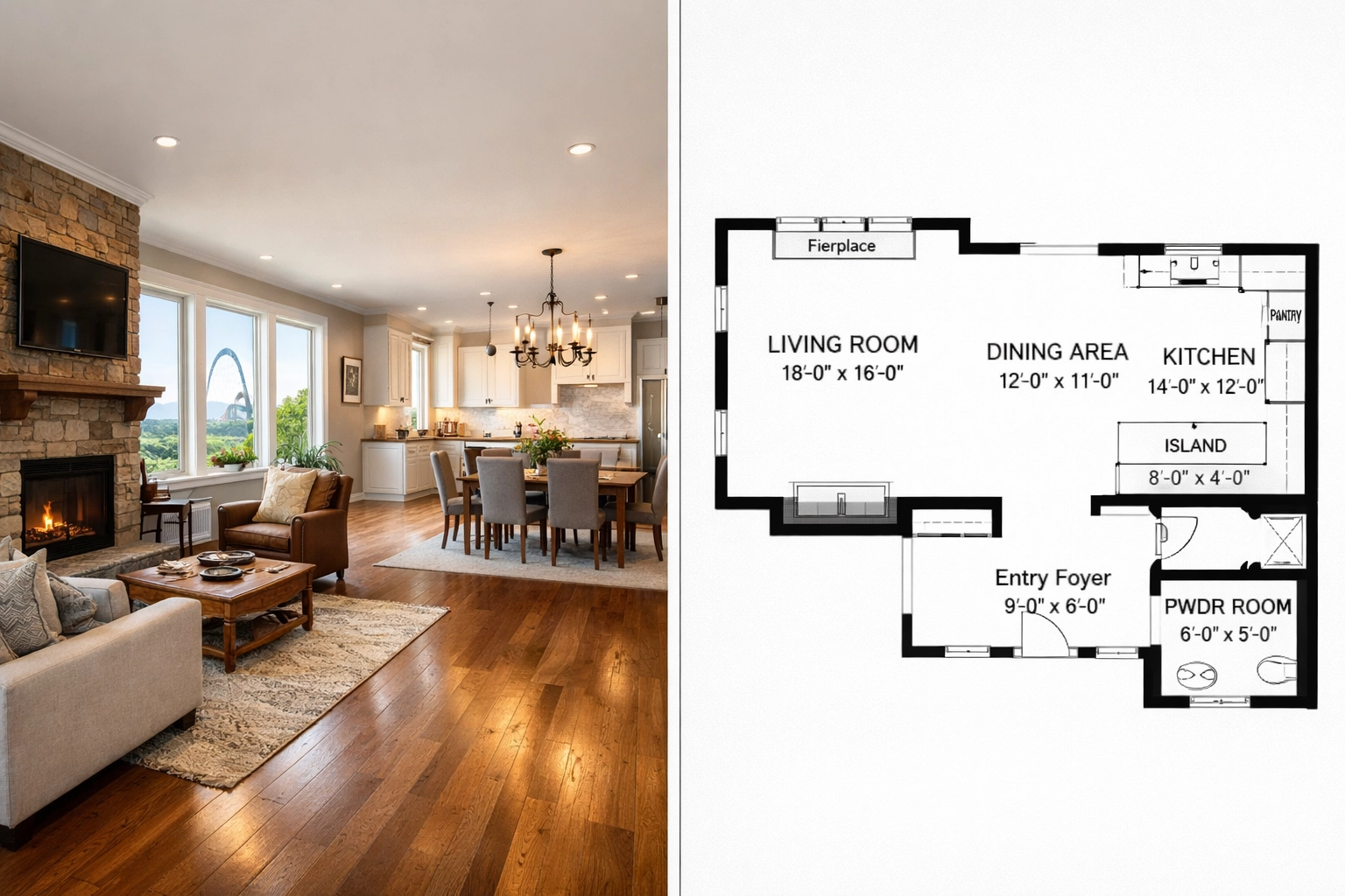 St. Louis home interior photo compared side-by-side with detailed floor plan layout
