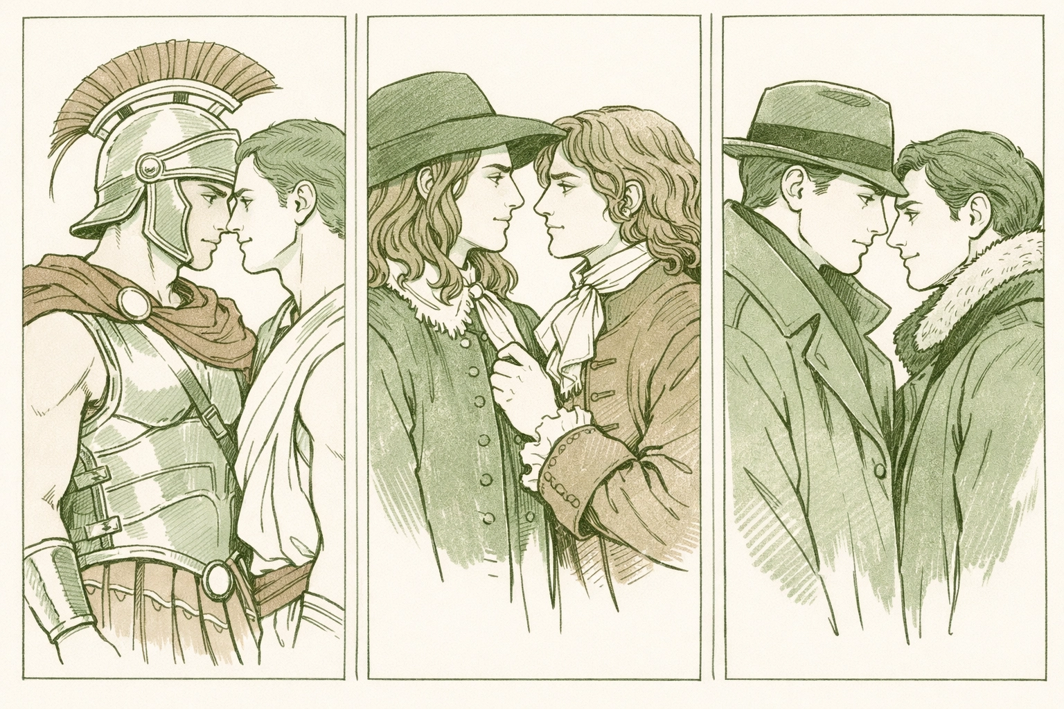 Historical gay romance couples across eras: gladiator, Victorian, and Cold War settings