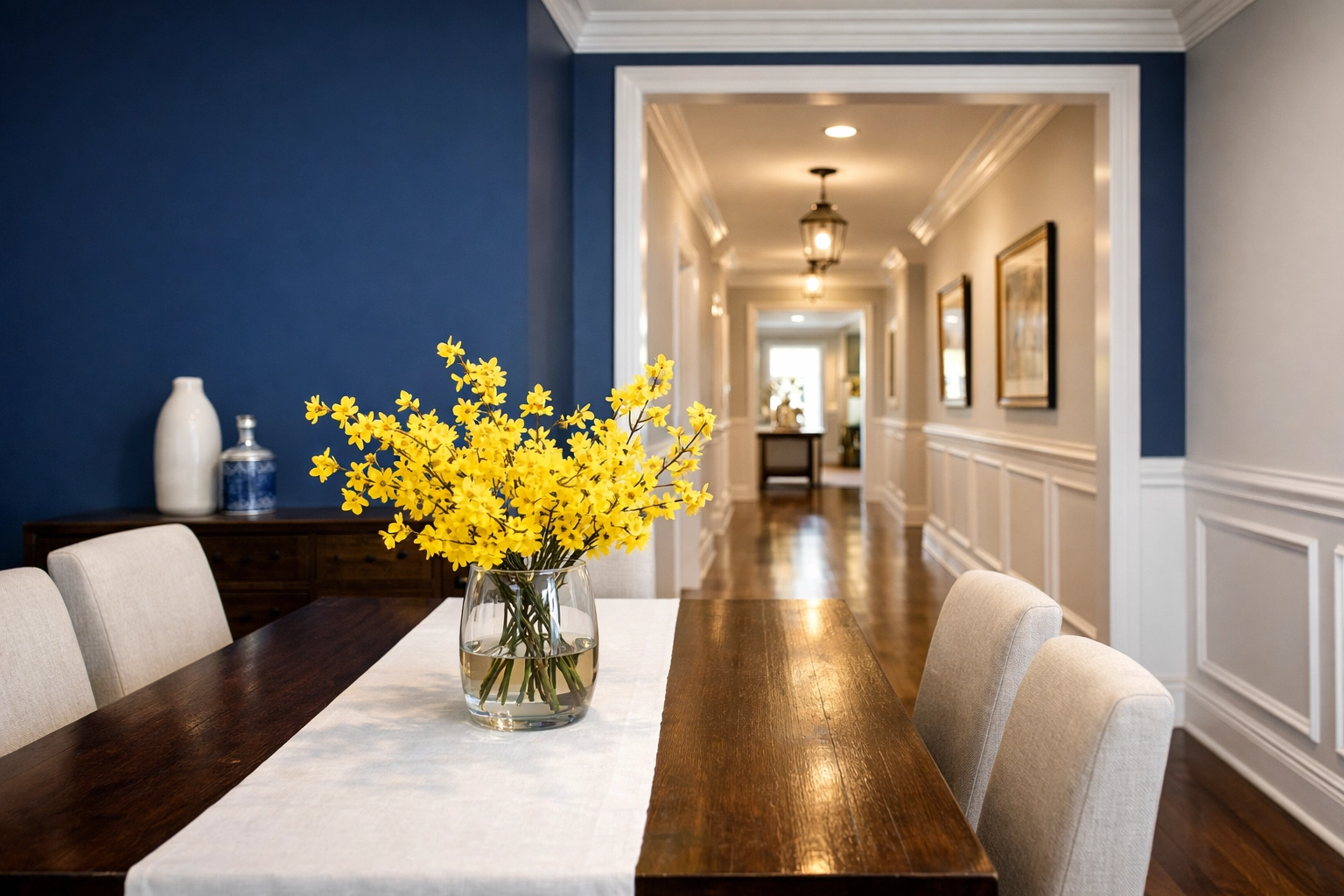 Professional real estate staging in a Fitchburg dining room with spotless hallways and bright trim.