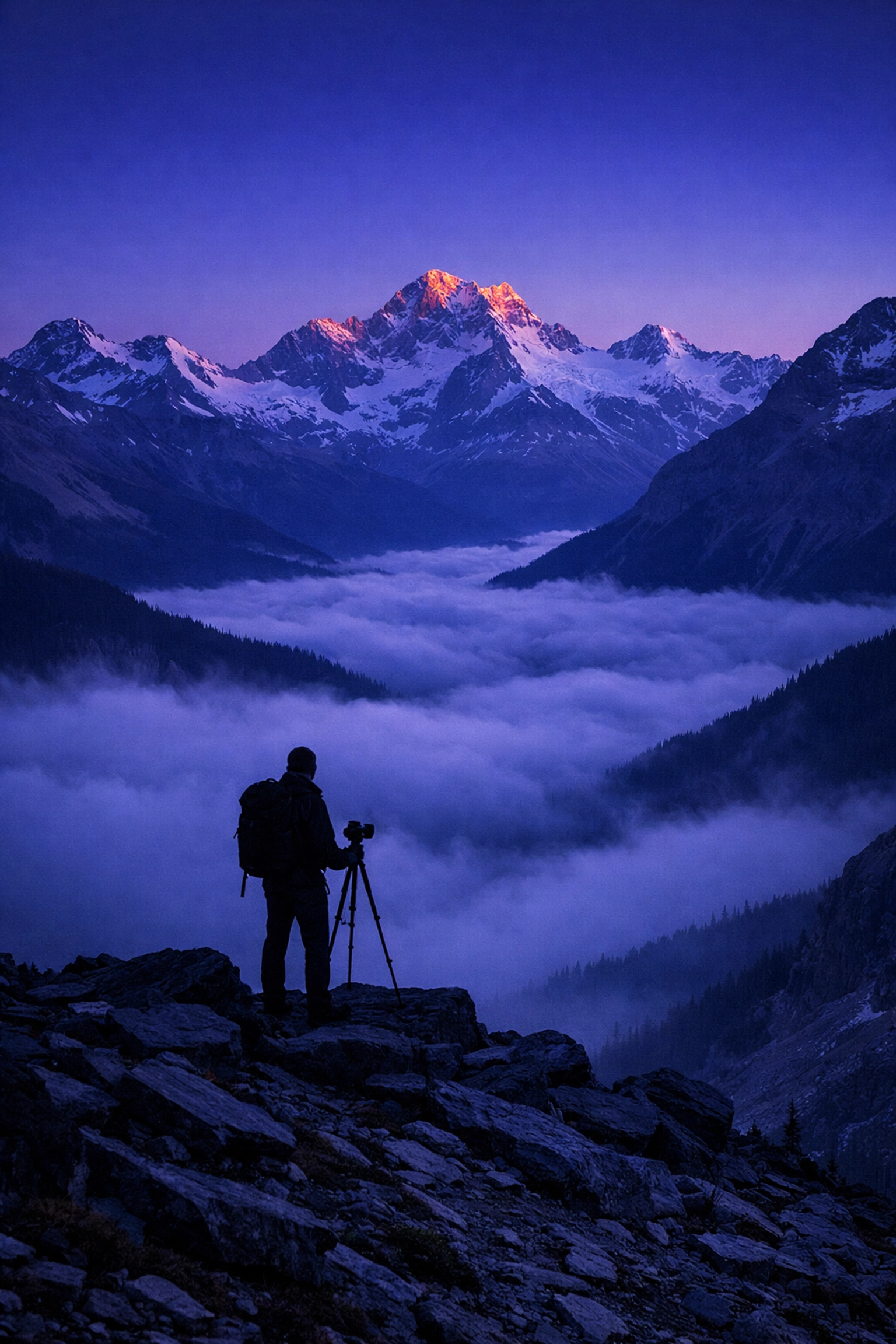 Solo photographer on a mountain ridge in Yoho National Park, one of the world's best photography locations.