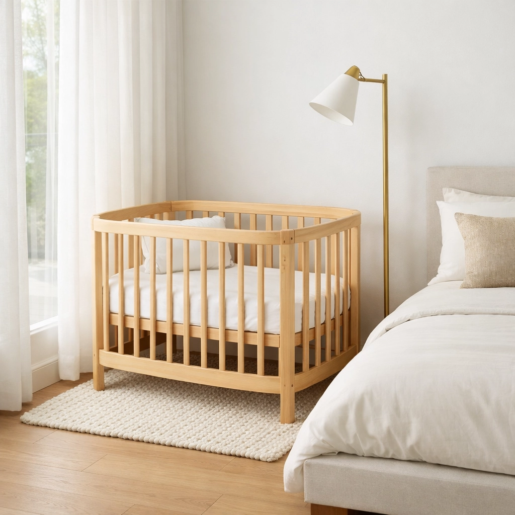 Modern New Zealand pine mini crib in a bright primary bedroom, a space-saving nursery solution.