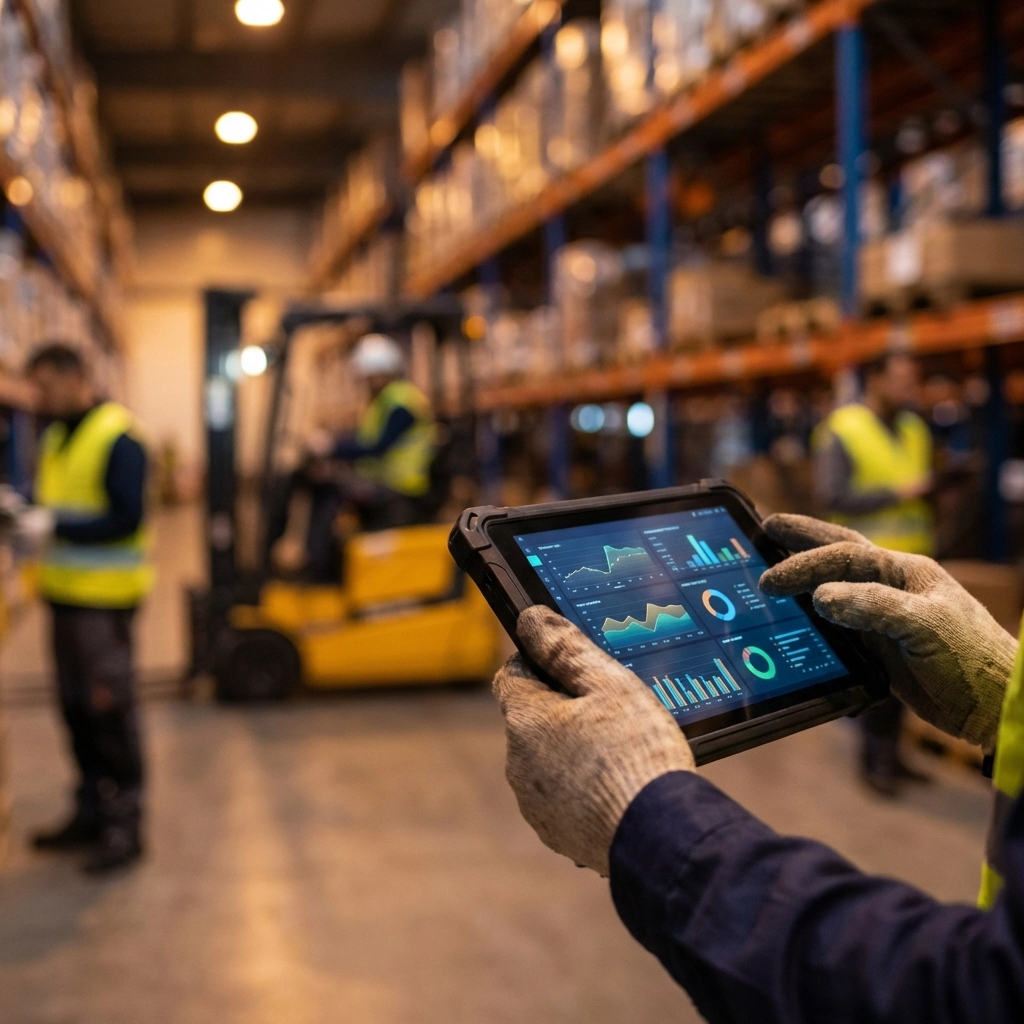 Supervisor analyzing warehouse analytics on a tablet for real-time cycle time decision making