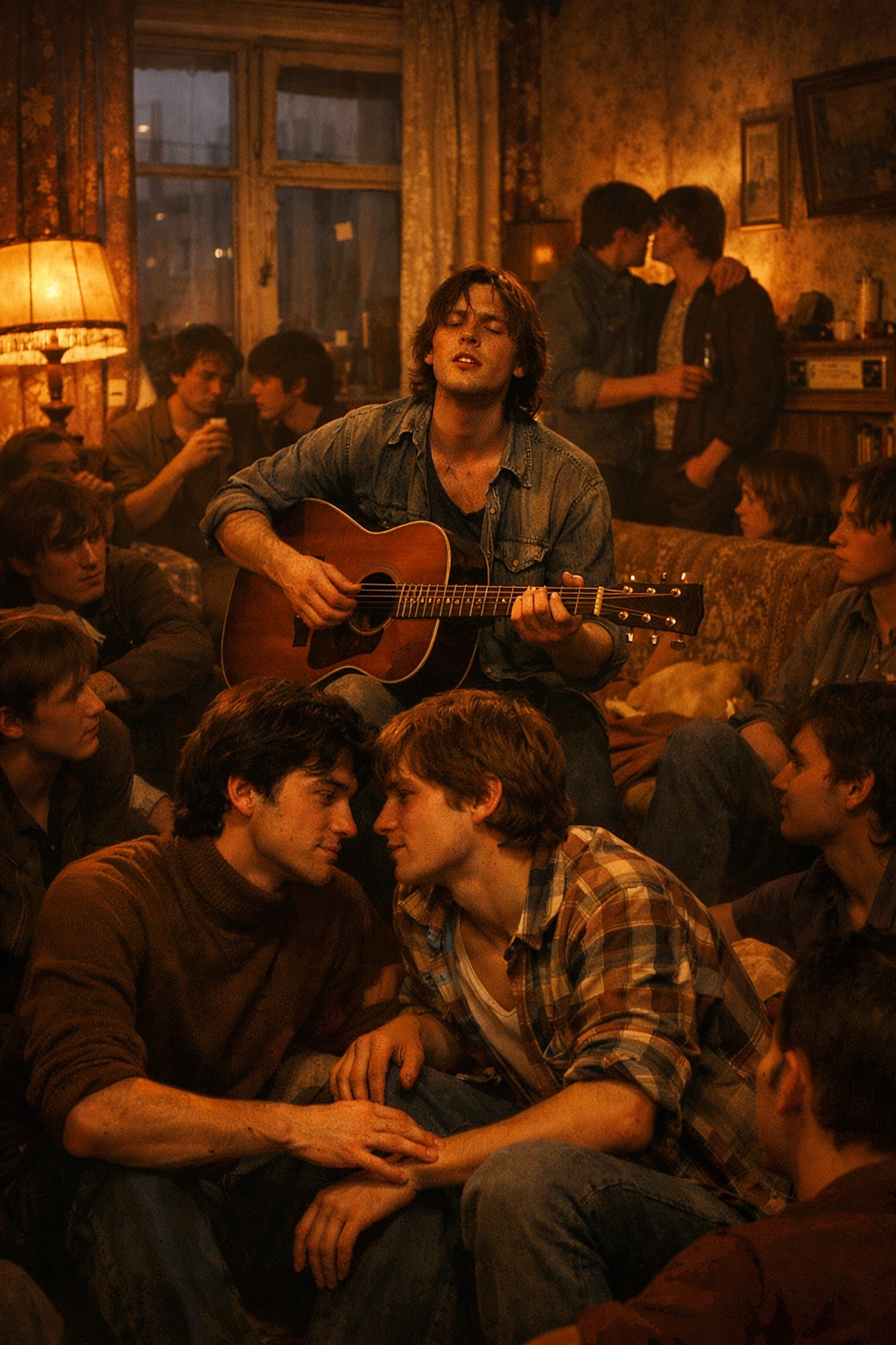 Underground apartment concert in 1970s Leningrad with gay men during Soviet persecution