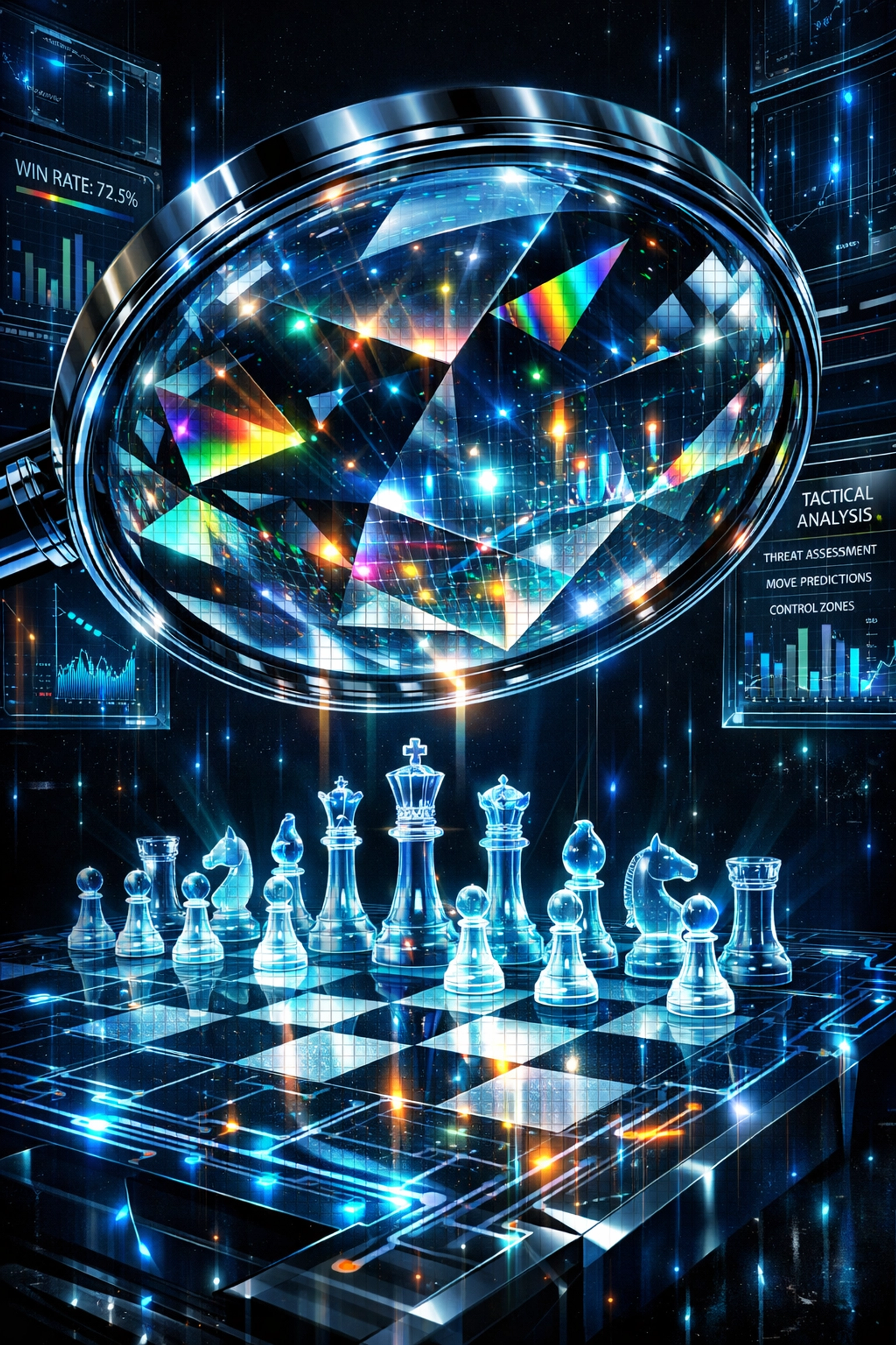 Magnifying glass analyzing digital chessboard representing strategic competitor analysis and finding market gaps