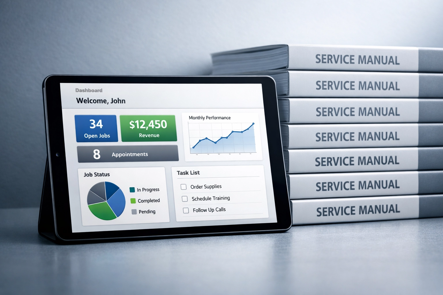 Digital dashboard and service manuals showing organized franchise operations and operational efficiency.