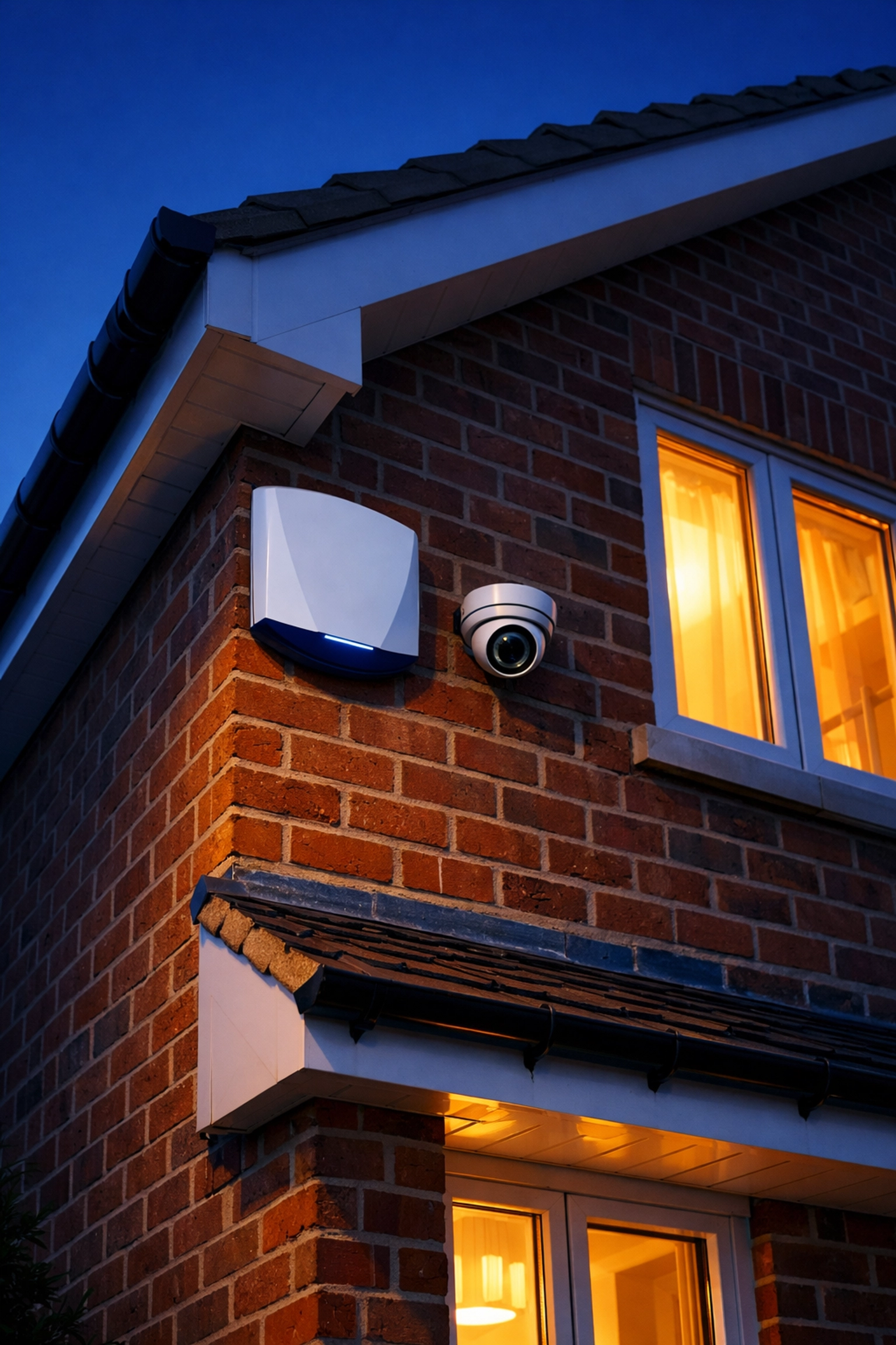 Professional intruder alarm box and turret CCTV camera installed on a residential house in Hook.