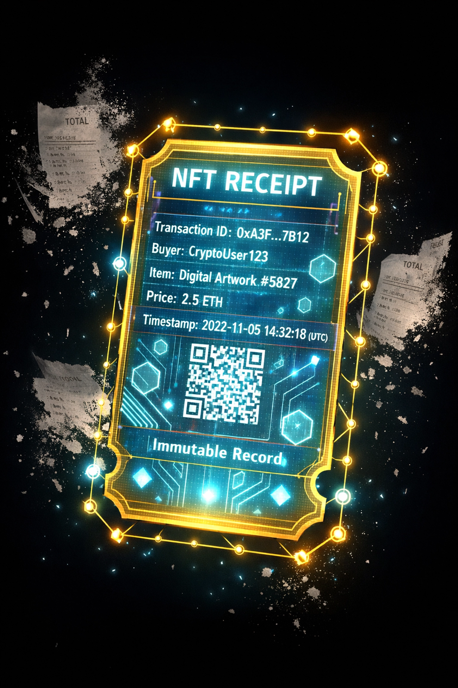 NFT receipt with blockchain verification displaying immutable transaction data for audit-proof records