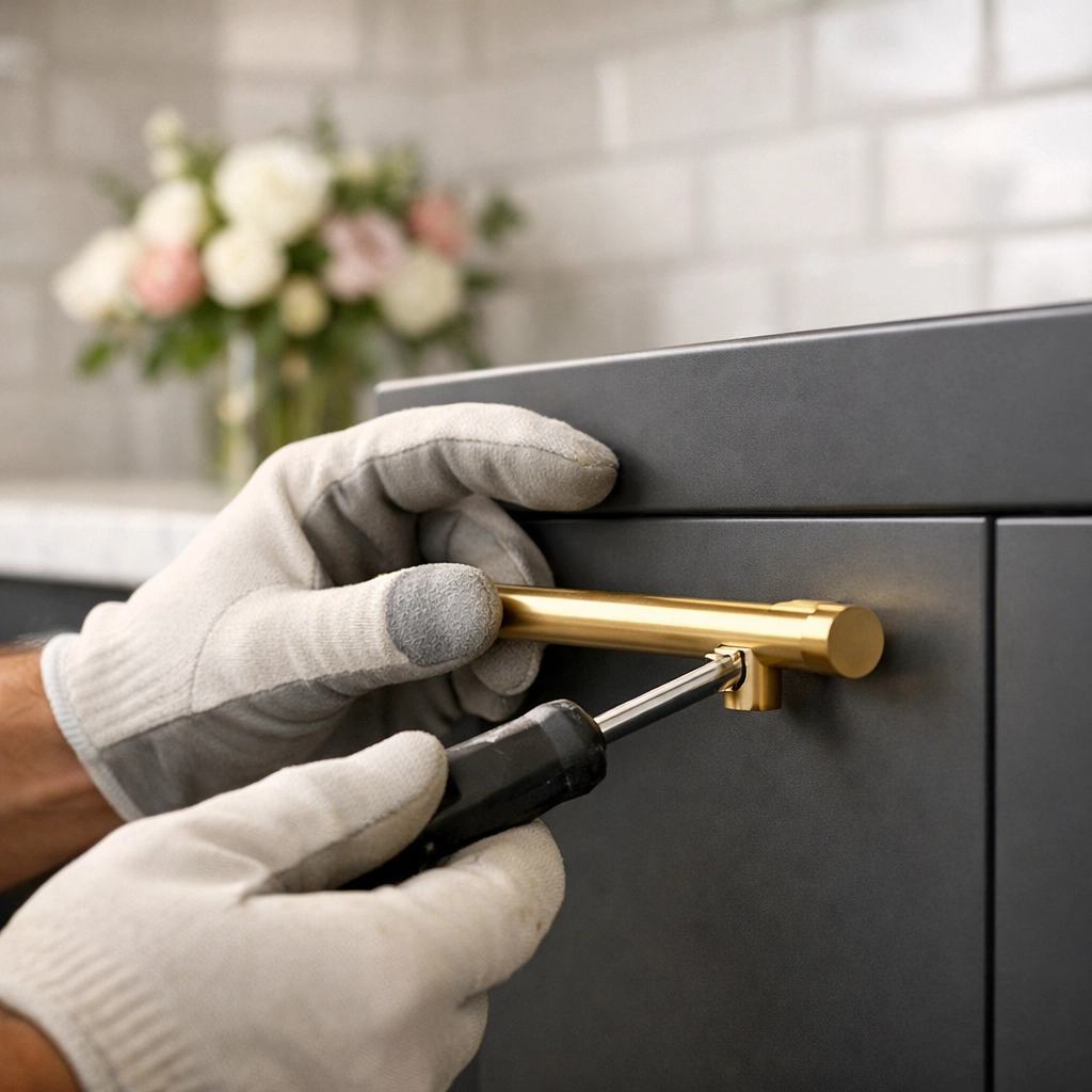 Craftsman installing gold hardware on grey cabinets for a professional Nashville property renovation.