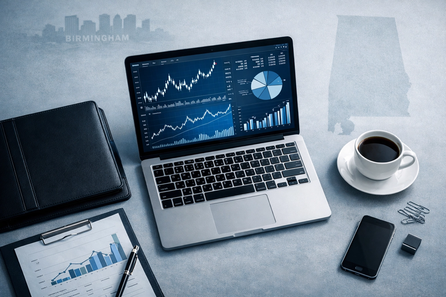 Business owner analyzing Birmingham market data and financial performance