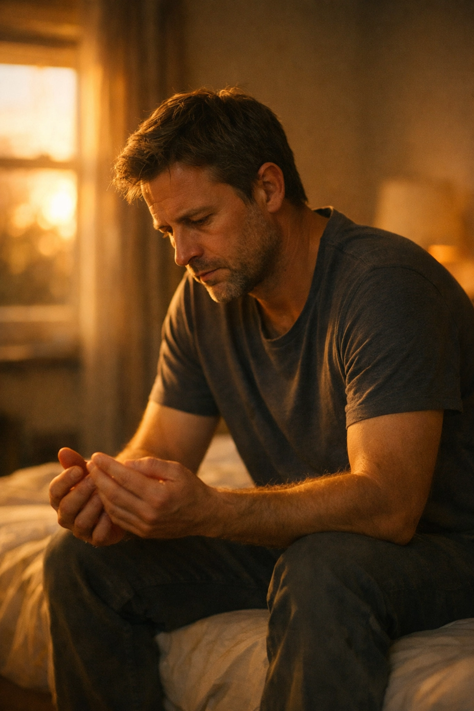 Elgondolkodó férfi az ágy szélén, a merevedési zavar lelki okai és a halogatás veszélyei.