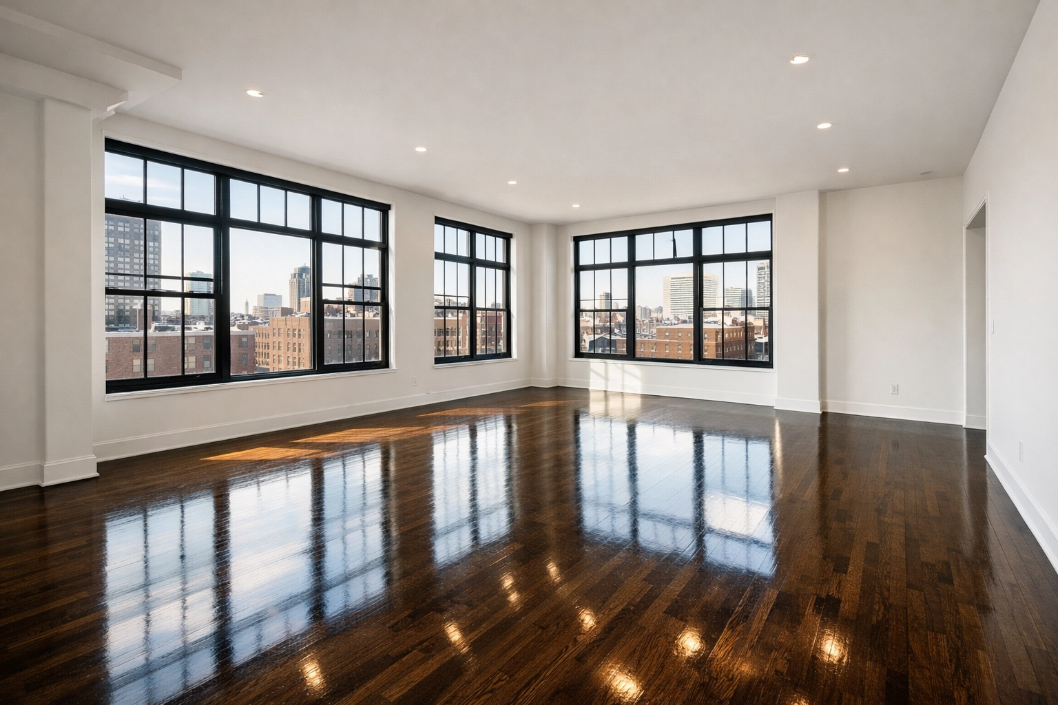 A clean, rent-ready luxury apartment living room in the Midwest after a professional turnover service.