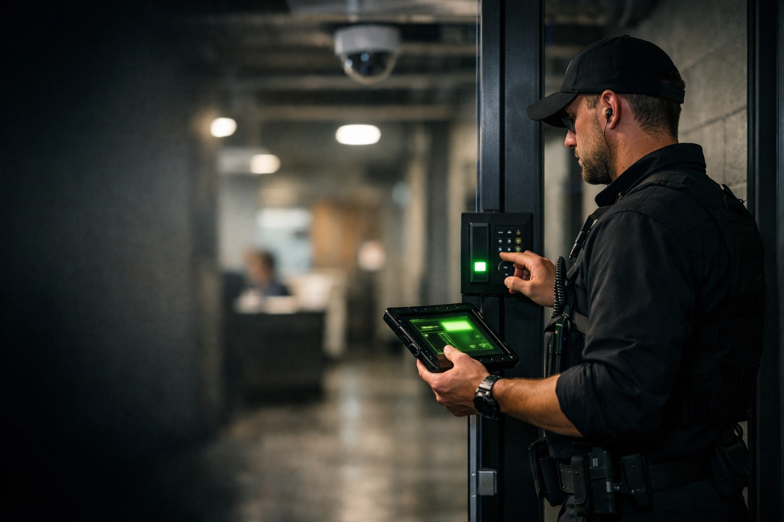 Security professional managing physical access control in a Lincoln NE clinic, showcasing converged managed IT services.