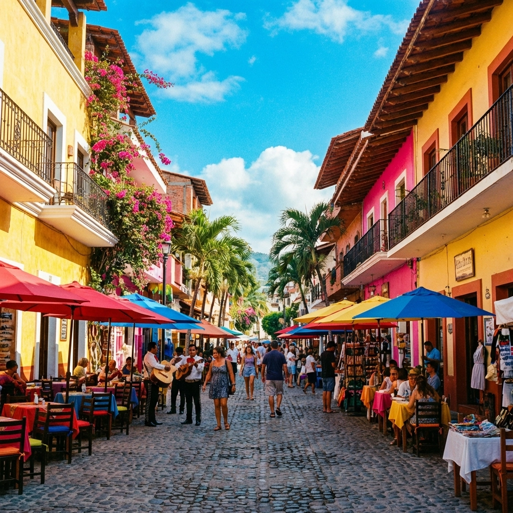 Colorful cobblestone street in Zona Romántica, Puerto Vallarta, near top apartments for rent and attractions