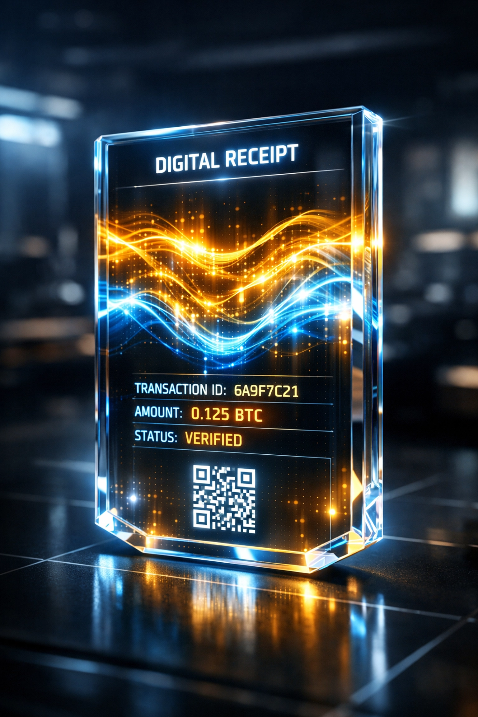 Larecoin NFT receipt showing glowing holographic blockchain verification for secure Web3 global payments.
