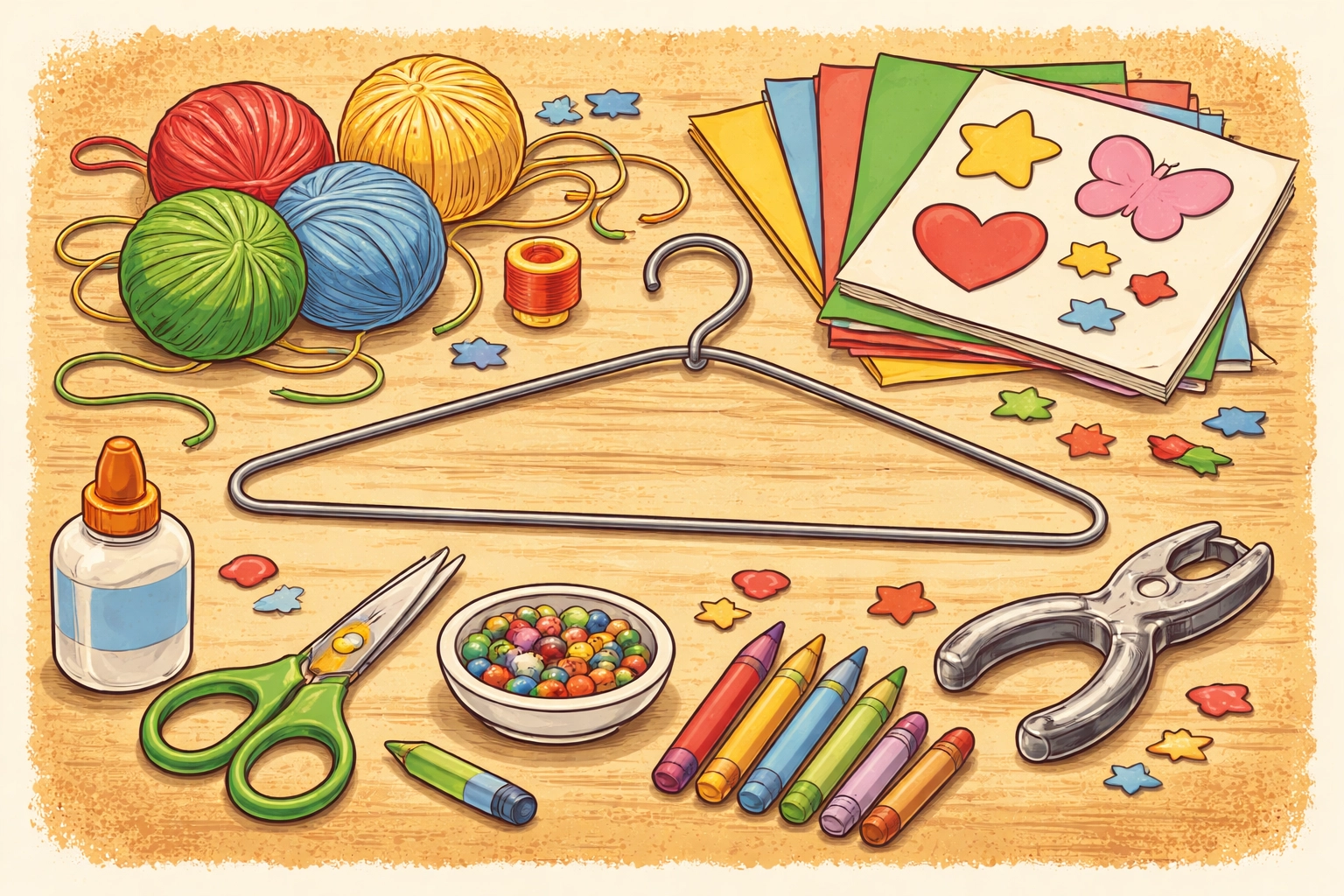 Craft supplies including a wire hanger, colorful yarn, child-safe scissors, and construction paper set up for a kids’ mobile project.