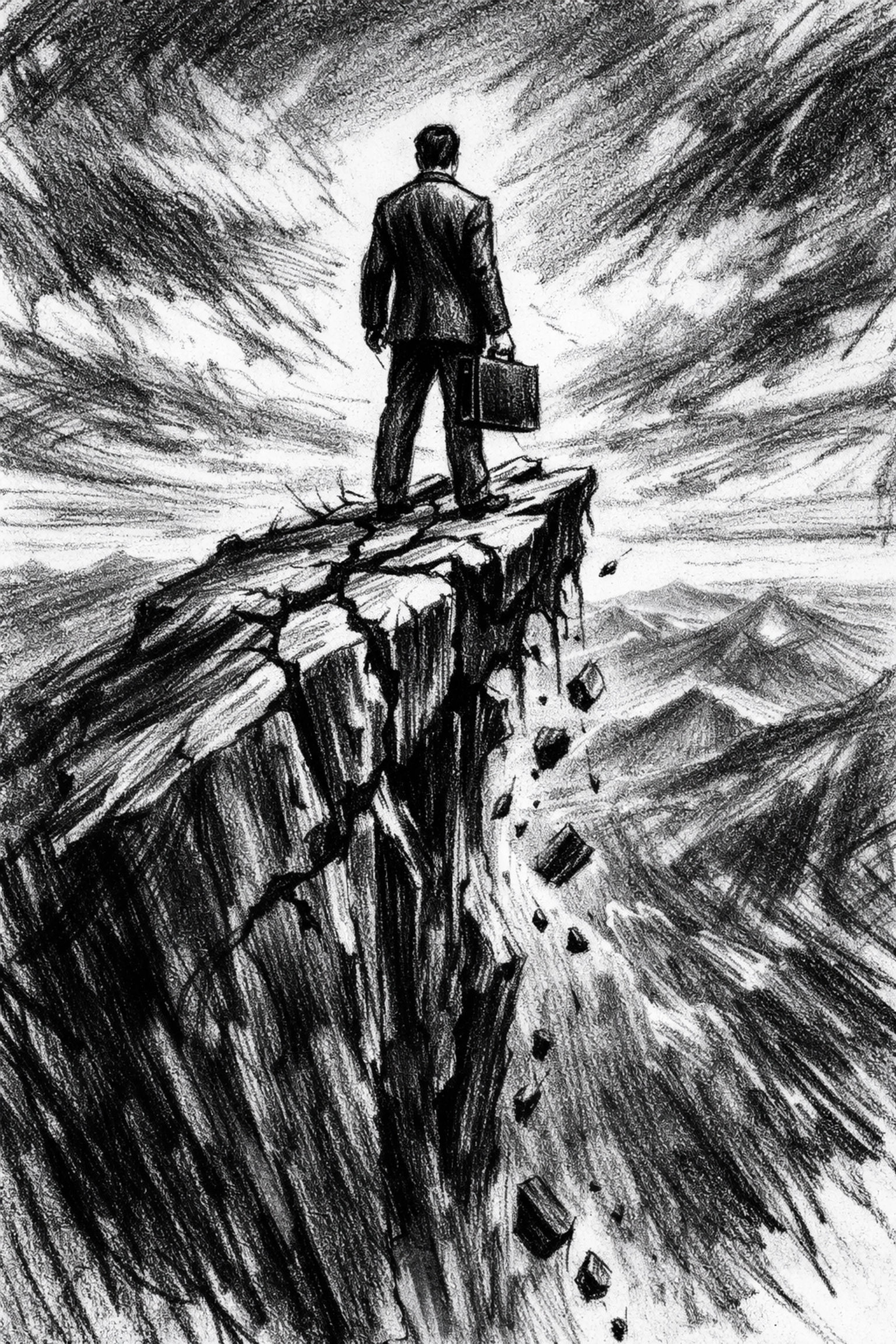 Sketch of a business owner on a crumbling peak, illustrating the hidden cost of waiting too long to sell a business.