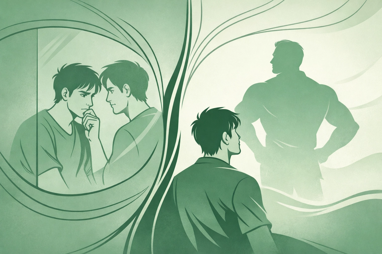 Split view of man's internal struggle between self-doubt and desire in gay stepfather romance