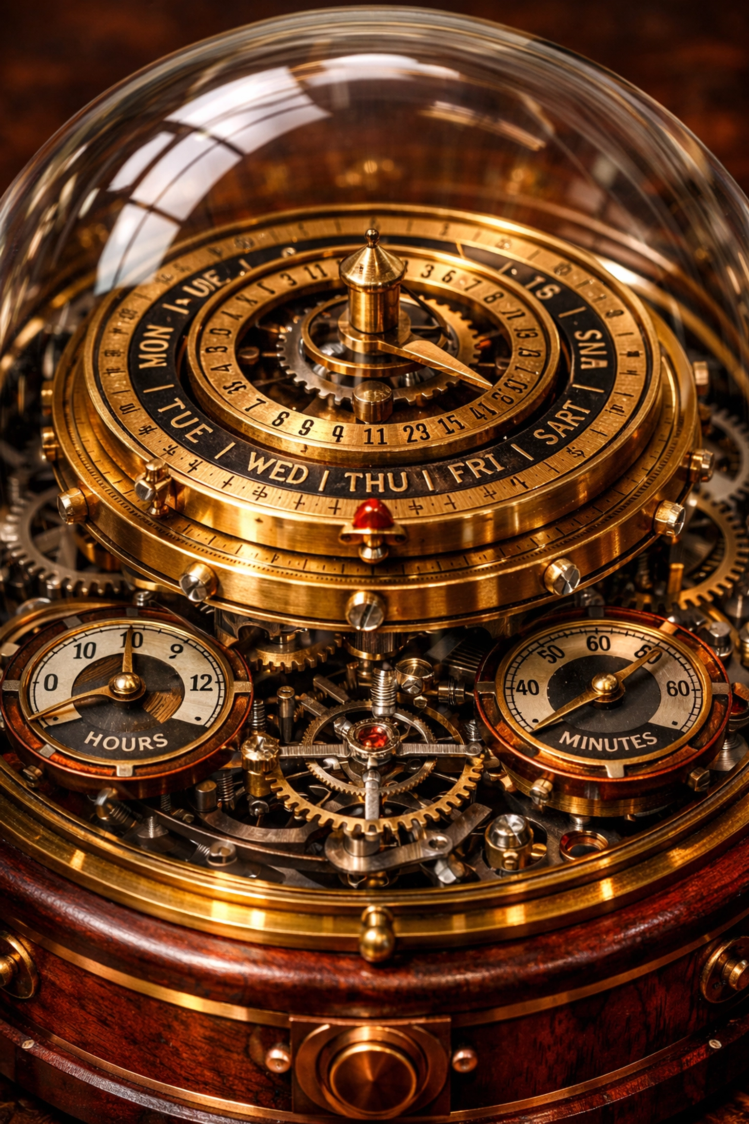 Intricate brass clockwork gears under a crystal dome representing reclaimed time and automated task scheduling.