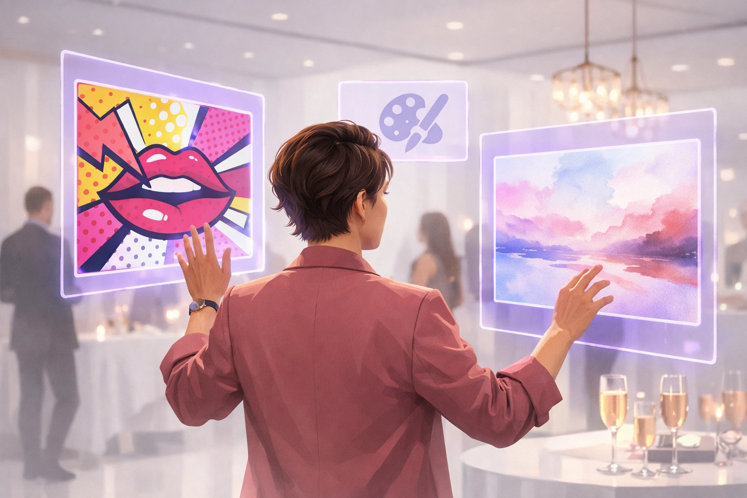 Guest selecting artistic styles through an interactive AI photo booth survey interface.