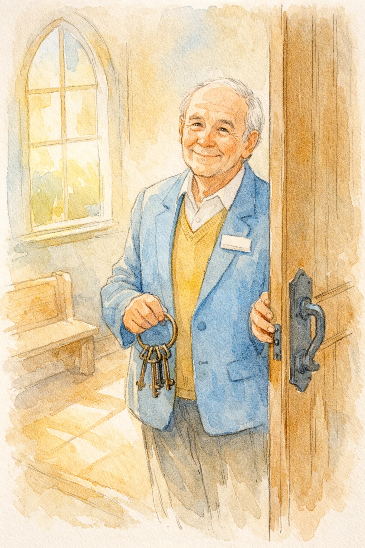 Church greeter with keys at locked door showing patience and grace in ministry