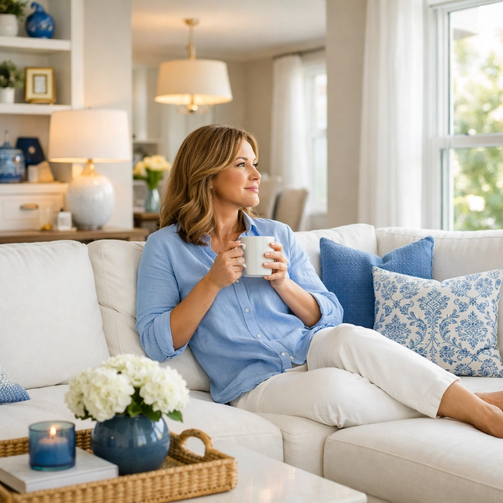 A happy homeowner enjoying a spotless living room, highlighting the benefits of residential cleaning in Massachusetts.